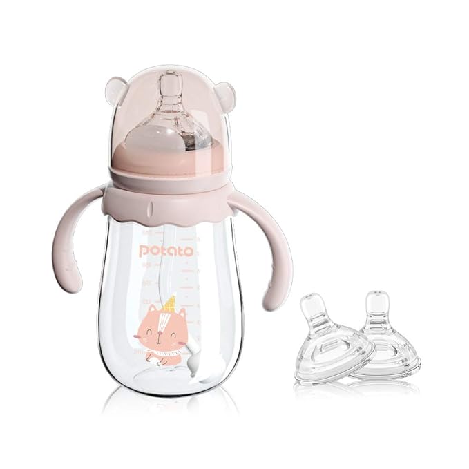 POTATO Glass Baby Bottles, Anti-Colic Breastfeeding Bottles with Fast Flow Nipple, Suitable for Babies 6-12 Months, 2 Replaceable Nipples, 8 oz, Pink