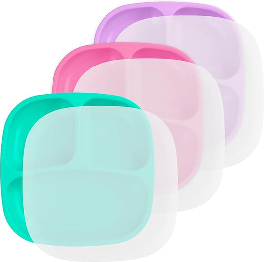 Re-Play Toddler Plates with Dividers - Deep-Walled 3 Compartments Divided Plates for Kids with 3 Lids - Dishwasher & Microwave Safe - Made in USA - Set of 3-7.37" x 7.37" x 1.25" - Sparkle