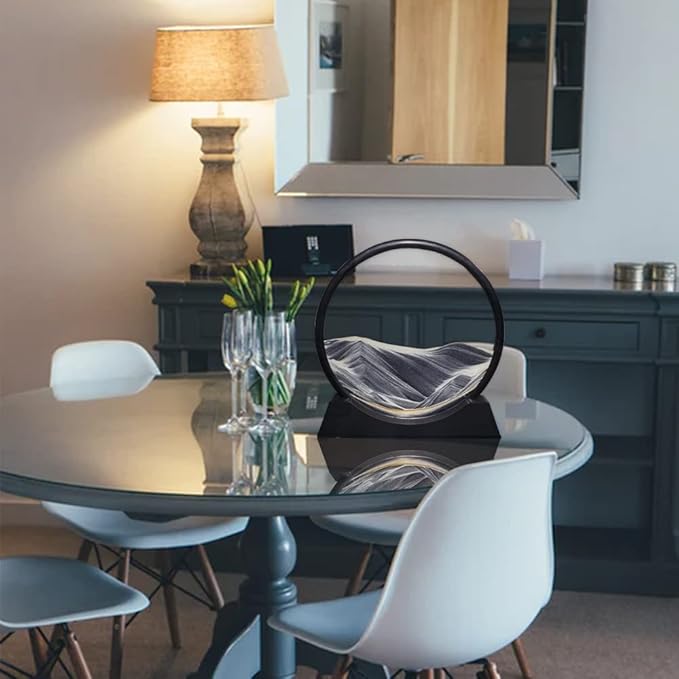 Aoderun Moving Sand Art Picture Round Glass 3D Deep Sea Sandscape in Motion Display Flowing Sand Frame Relaxing Desktop Home Office Work Decor (7", New Black)