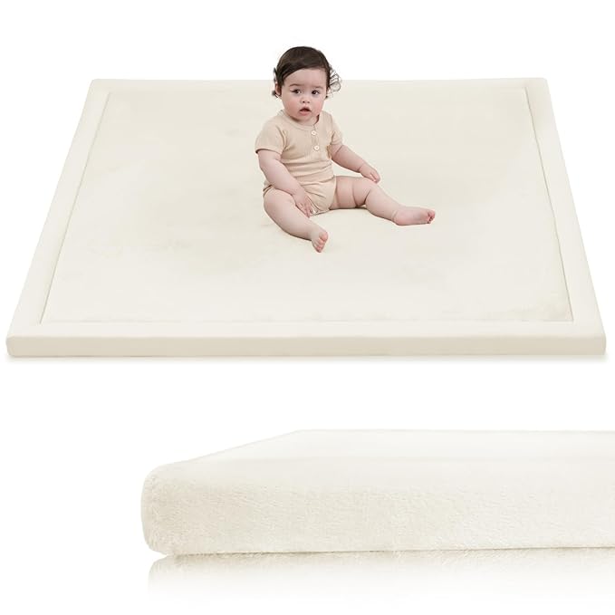 Baby Play Mat for Floor,1.3" Thick Elasti-Foam 50x50 Playpen Mat for Toddlers Infant Kids,Water-Repellent Soft Coral Velvet for Tummy Time,Non-Slip Backing for Crawling,Tatami Style(Cream)