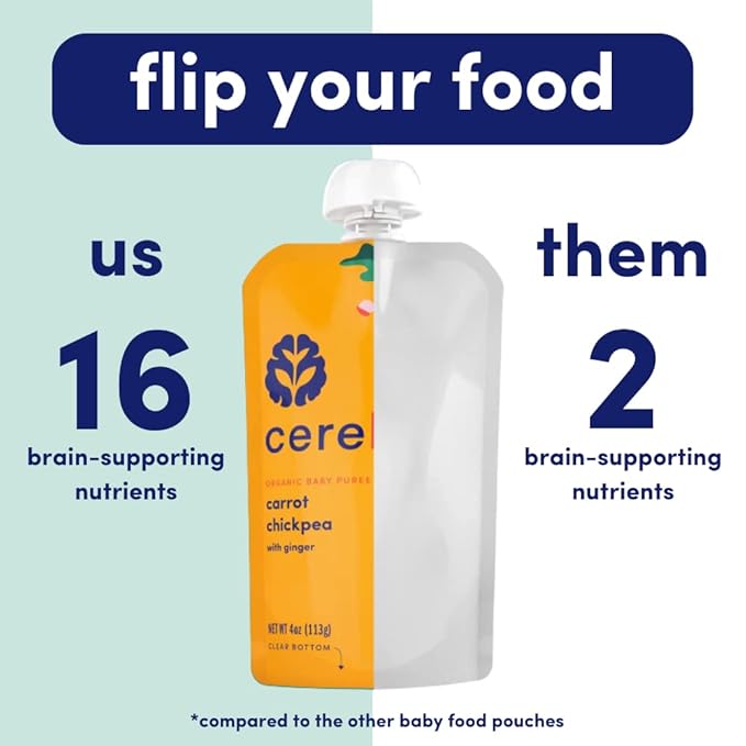 Cerebelly Baby Food Pouches, Veggie Purees for Toddlers, No Added Sugar, Fiber, Non-GMO, 4 Ounce BPA-Free, Carrot Chickpea, 18 Count