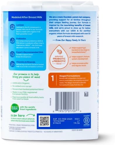 Happy Baby Organics Stage 1 Infant Formula, 0-12 Months, Milk Based Organic Baby Formula Powder with Iron, Probiotics & Prebiotics for Immune & Digestive Support, 22.9 Ounce (Pack of 2)