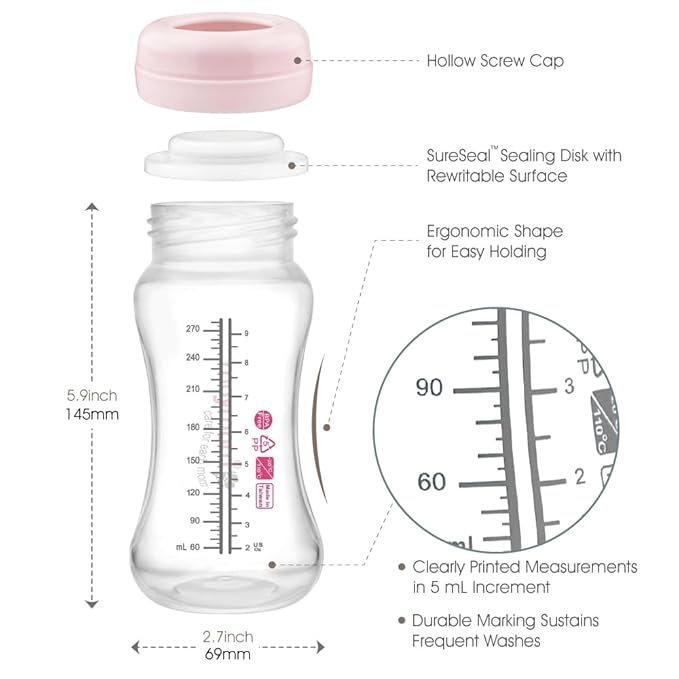 Wide Neck Breastmilk Collection n Storage Bottle 9oz; Re-markable SureSeal Disc. Compatible with Spectra S2 Spectra S1 Spectra 9 Plus and Compatible with Avent Breastpumps (4 ct 280mL, Bottle Only)