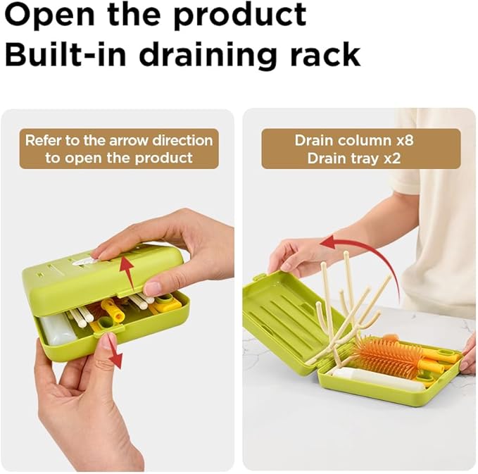 YOTIME Travel Bottle Brush, Travel Bottle Cleaner Kit with Foldable Bottle Drying Rack, for Visit Friends and Relations, Baby Travel Essentials, BPA Free, Green