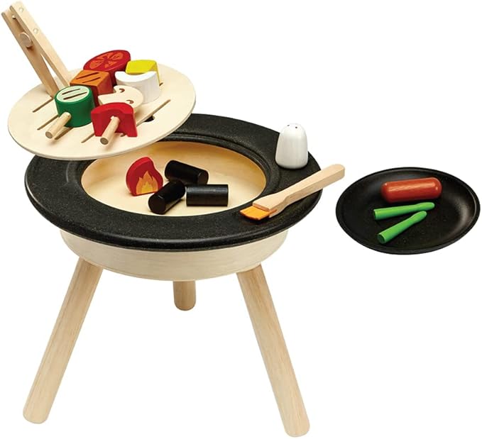 PlanToys® Wooden Barbeque Pretend Cooking Toy for Kids | Kitchen Toy Includes Grill, Food Pieces, Tongs & Charcoal Stove | Montessori Food Role Play Set for Fine Motor Skills & Imaginative Learning