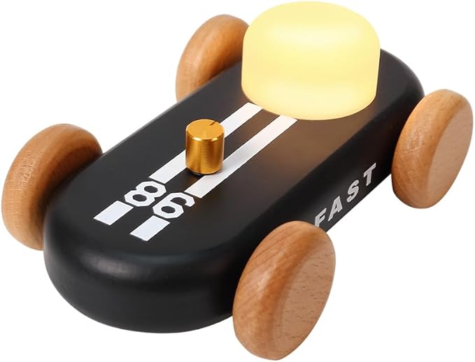 Wooden Go-Kart Night Light for Kids, 7 Color Adjustable, USB Rechargeable (Black)