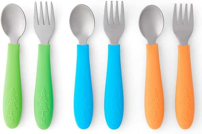 Elk and Friends Kids Silverware with Silicone Handle | Childrens Safe Flatware | Toddler Utensils | Baby Spoons + Forks | Stainless Steel Cutlery