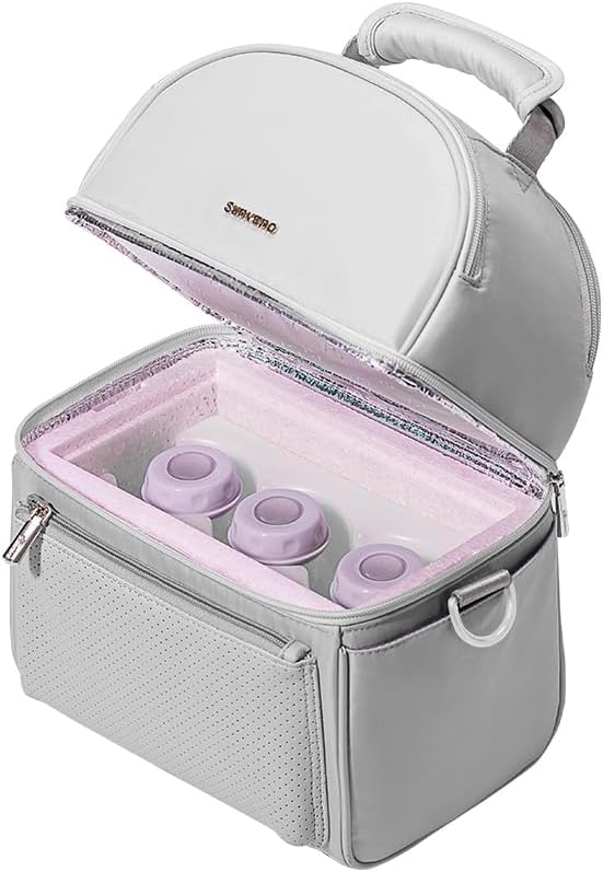 Sunveno Breastmilk Cooler Bag Set with 2 Ice Packs & Detachable Insulation Box, 15-Hour Cold Retention Foil-Lined Leak-Proof Tote Fits 3 Baby Bottles for On-The-Go Pumping Moms, Daycare & Travel,Grey