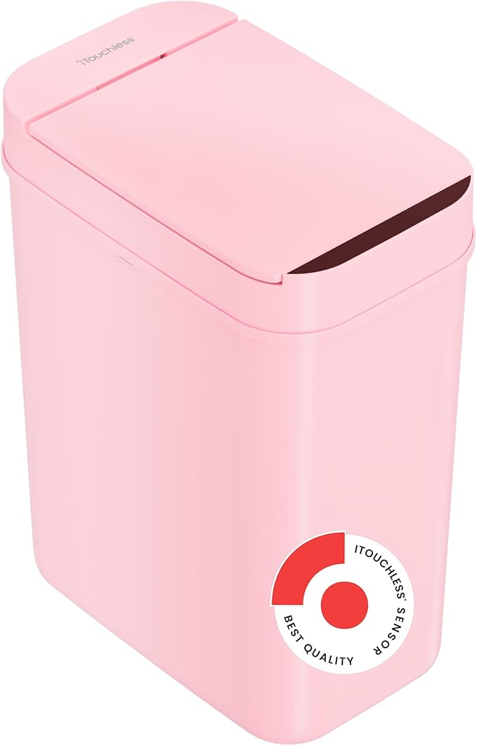 iTouchless 3 Gallon Sensor Pink Bathroom Trash Can, 10 Liter Small Slim Automatic Touchless Garbage Bin with Lid, Smart Narrow Motion Control Commercial Waste Basket for Bedroom, Office