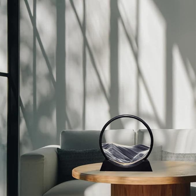 Aoderun Moving Sand Art Picture Round Glass 3D Deep Sea Sandscape in Motion Display Flowing Sand Frame Relaxing Desktop Home Office Work Decor (12", New Black)