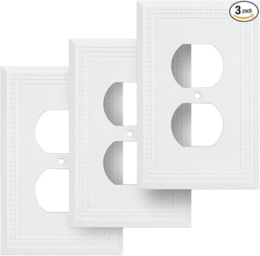 Henne Bery Sunken Pearls Heavy Duty Decorative Wall Plate Switch Plate Outlet Cover (Single Duplex, 3 Pack, White)