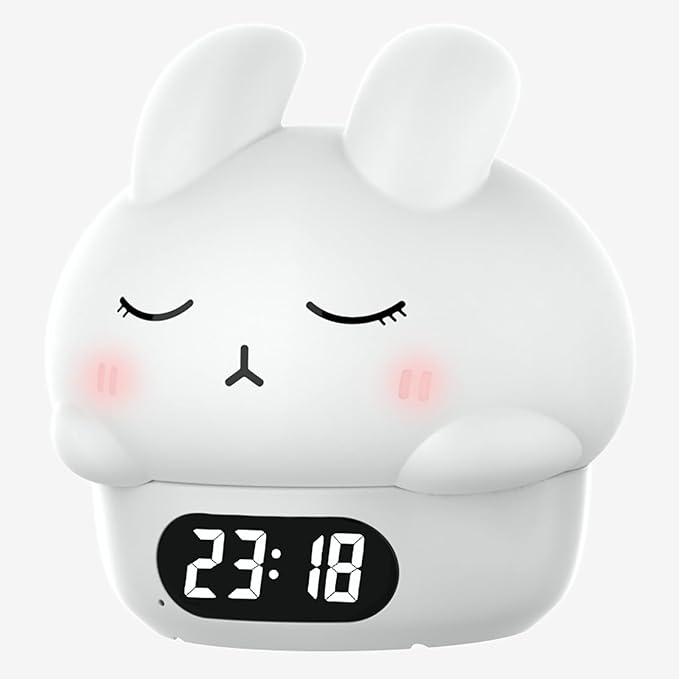 Cute Bunny RGB Rechargeable Night Light, Soft Silicone Lampshade, Adjustable Brightness LED Clock, Date, Alarm, Thermometer, Timer, Tap Control, Bedroom Lamp, Gift for Girl and Kid (White Bunny)