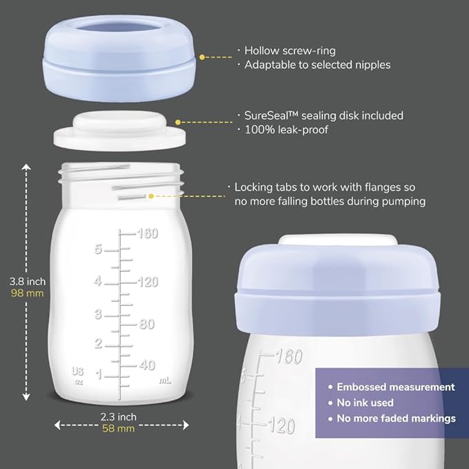 Maymom Wide Neck Breastmilk Collection n Storage Bottle 5.4 oz; Re-markable SureSeal Disc. Fits Spectra S2 Spectra S1 Spectra 9 Plus.