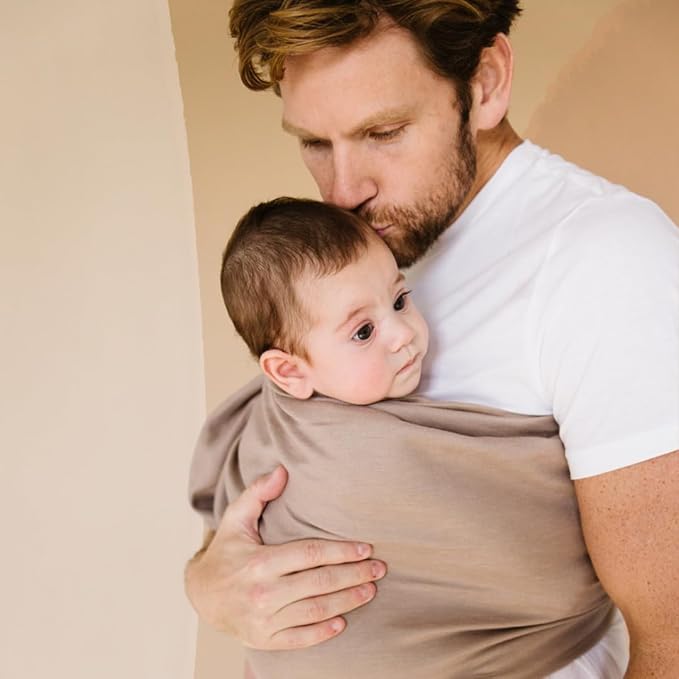 WildBird - Ring Sling Baby Carrier - Newborn to Up to 35 lbs - for Moms, Dads & Caregivers - 100% Natural European Linen Fibers - Versatile & Adjustable - 74” Size - Desert Lark Fabric & Gold Ring