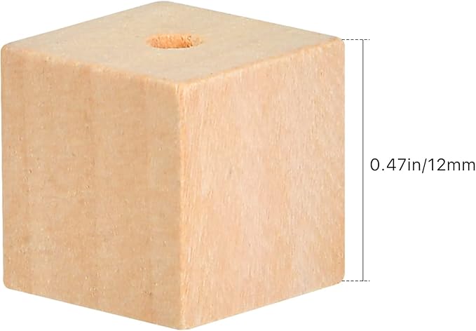 Supkiir Wood Craft Cubes, 100Pcs Wooden Craft Blocks with Holes, Unfinished Wood Cubes for DIY Projects Alphabet, Small Wooden Square Blocks (0.47in-12mm)
