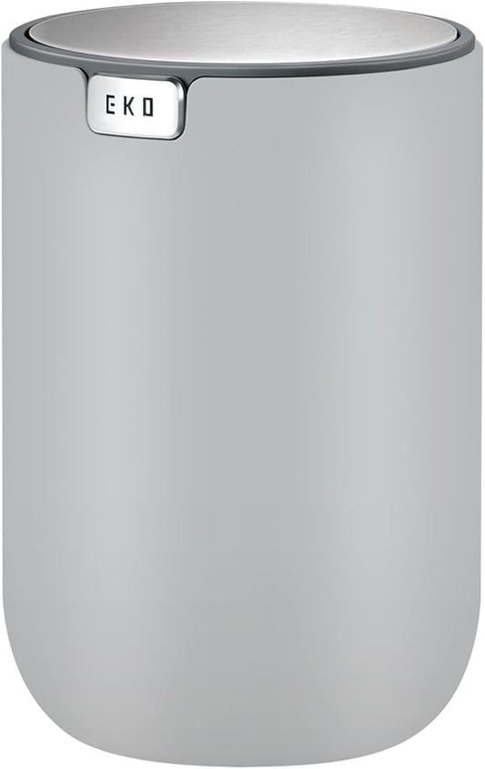 EKO Mini Desk Trash Can with Swing-Top Lid 0.4 Gallon Small Table Round Wastebasket for Office, Home, Car (Grey)