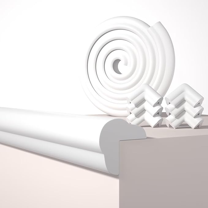 Edge Corner Protector Baby Proofing, 6.56FT 0.6'' Thicken L-Shape Furniture Fireplace Safety Bumper Guard with 6 Corners, Pre-Taped, Soft NBR Rubber Foam, Table Edge Protector for Baby(White-gray)