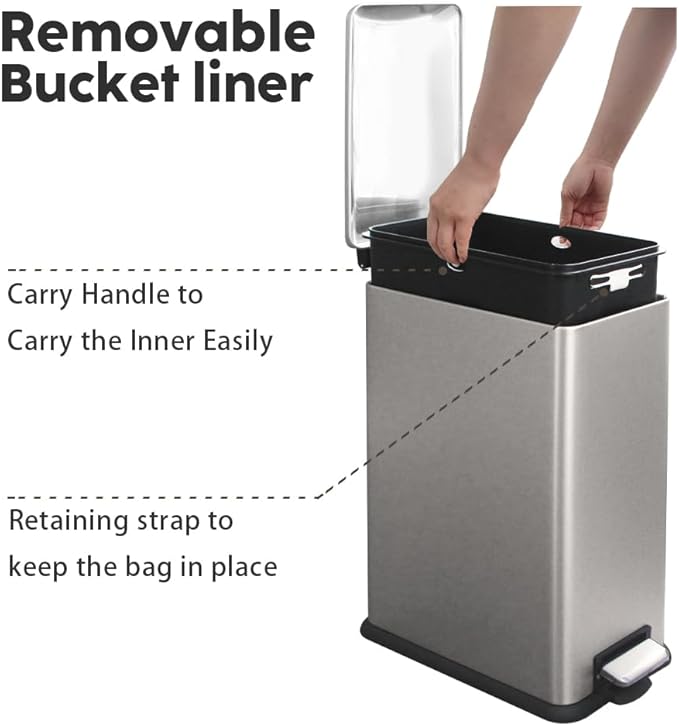 Bathroom Bin 10L, Small Kitchen Bins with Soft Close Lid,Slim Pedal Bin with Removable Inner Bucket,Small Bins for Bathroom,Kitchen,Bedroom,and Office,grey