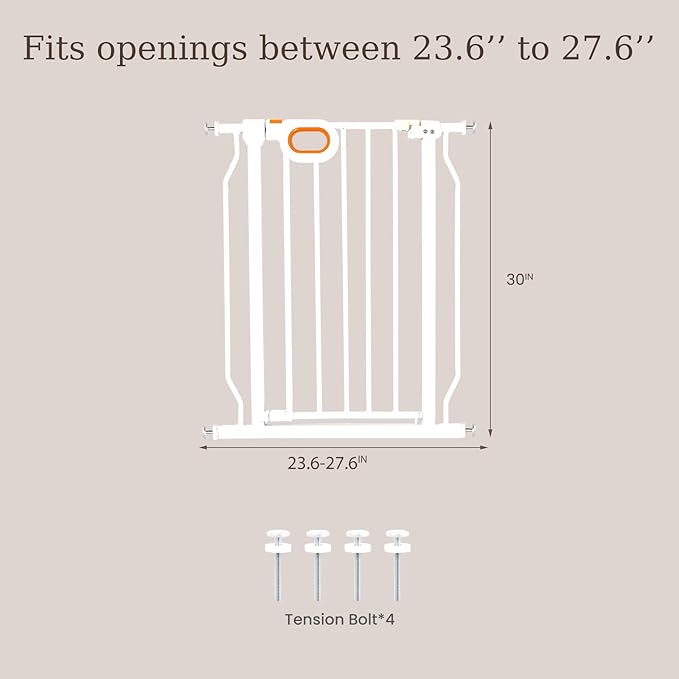 owlie Small Narrow Baby Gate for Stairs Doorways Hallways 23.6-27.6 Inch Wide Pressure Mounted Baby Gate Walk Through Child Gates Toddler Dogs Pet Indoor Stairway Doorway White (30.5'' Tall)