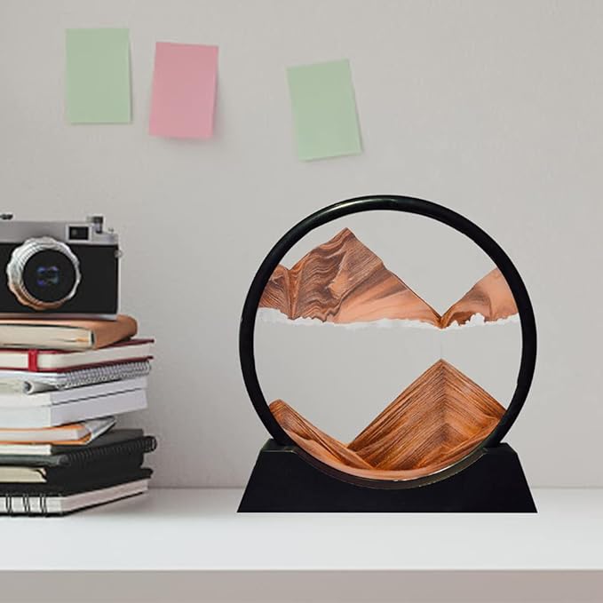 Aoderun Moving Sand Art Picture Round Glass 3D Deep Sea Sandscape in Motion Display Flowing Sand Frame Relaxing Desktop Home Office Work Decor (12", Orange)