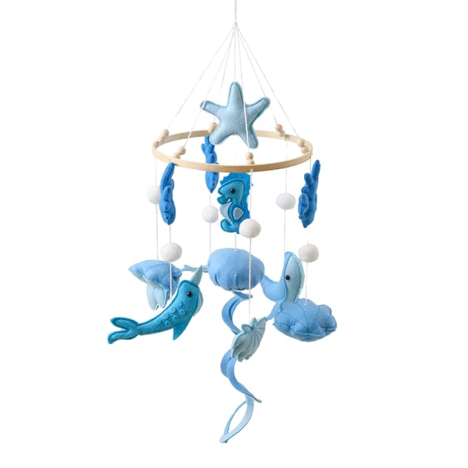 GOODMOM Ocean Nursery Mobile for Boys & Girls | Handmade Baby Crib Mobile with Seahorse, Jellyfish, and More | Sea Theme Crib Accessories|Easy Assembly Sturdy Structure (BlueWave)