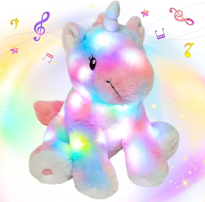 Hopearl LED Musical Stuffed Unicorn Colorful Lighting Up Singing Plush Toy Adjustable Volume Lullaby Animated Soothe Birthday Gifts for Kids Toddler Girls, Rainbow, 12''
