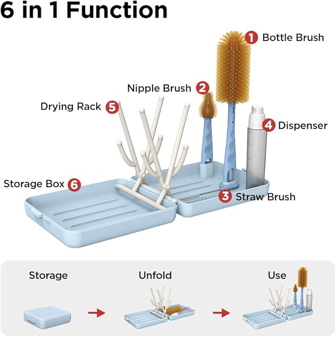 YOTIME Travel Bottle Brush, Travel Bottle Cleaner Kit with Foldable Bottle Drying Rack, for Visit Friends and Relations, Baby Travel Essentials, BPA Free, Blue