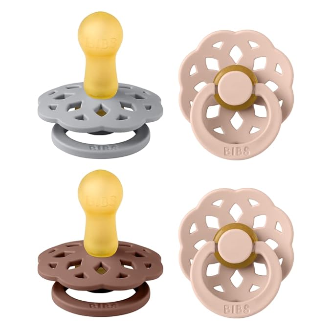 BIBS Boheme Soother 4-Pack | BPA Free Dummy Pacifier | Round Nipple | Natural Rubber Latex | Made in Denmark | Size 6-18 Months | Woodchuck Mix