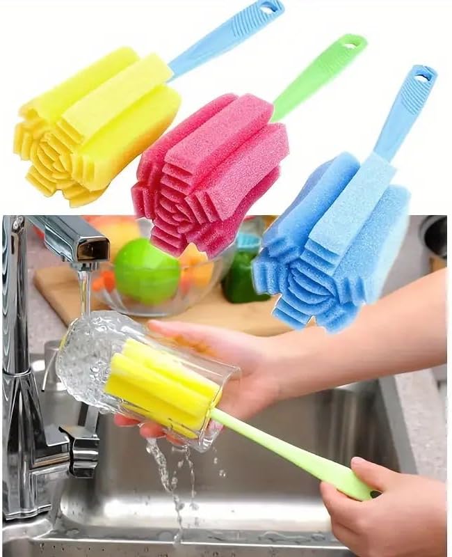 1pc Long-Handle Sponge Bottle Brush – Random Color Soft Non-Scratch Cleaning Brush for Cups, Tumblers & Bottles | Deep Reach Scrubber for Home, Office & Kitchen