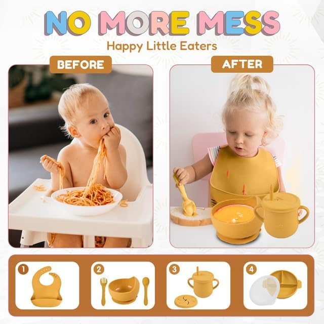 Silicone Baby Feeding Set - Perfect silicone plates for baby & Toddler Plates with lid, Baby Bowls with Suction, Baby Utensils - Baby Led Weaning Supplies & Eating Essential - (Yellow)