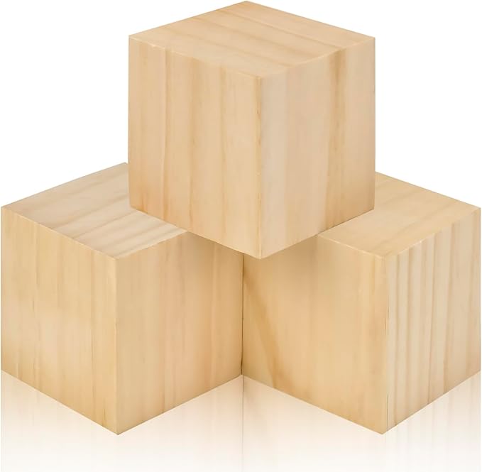 3 Inch Natural Unfinished Solid Wooden Cubes for Crafting, Carving, DIY Projects - 3 Pack Square Blocks for Puzzle Building, Art Painting & Woodworking