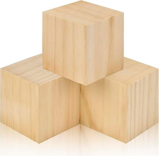3 Inch Natural Unfinished Solid Wooden Cubes for Crafting, Carving, DIY Projects - 3 Pack Square Blocks for Puzzle Building, Art Painting & Woodworking