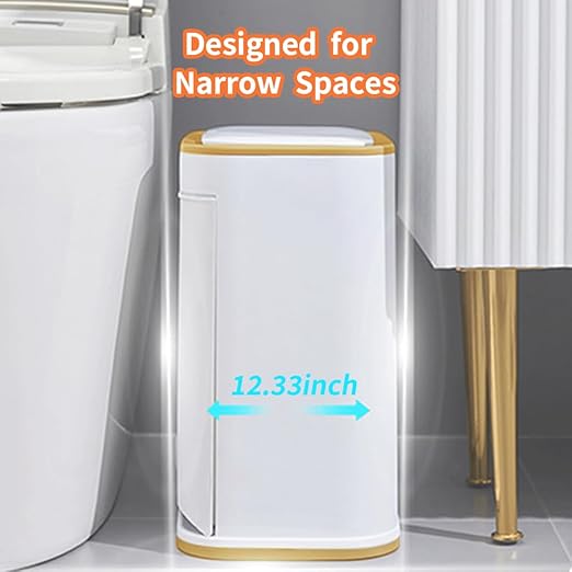 Bathroom Trash Can with Lid, Plastic 3 Gallon Garbage can with Press top Lid Gold Step Pedal Trash can, Narrow White Trash bin for Bathroom, Bedroom, Restroom, Living Room, Office, Dog Proof Trash Can