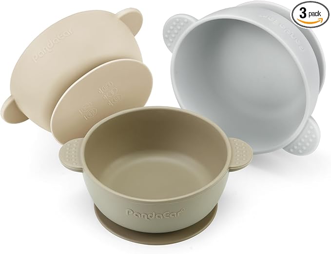 PandaEar 3 Pack Baby Bowls with Suction| Stay Put Silicone Food Bowl for Babies Kids Toddlers Infants| Food Grade Soft Safe BPA-Free Silicone (Brown Grey Tan)