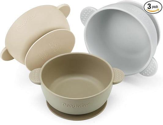 PandaEar 3 Pack Baby Bowls with Suction| Stay Put Silicone Food Bowl for Babies Kids Toddlers Infants| Food Grade Soft Safe BPA-Free Silicone (Brown Grey Tan)
