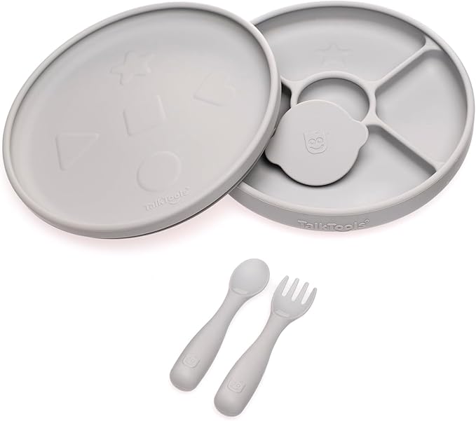 Talktools Bitsy Feeding Kid's Essentials Plate Set – Toddler Utensils, Spoon and Fork, Plate Lid, Perfect for Mealtime – Strong Suction Toddler Plates with 4 Compartments (Set-Cloud)