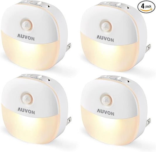 AUVON Plug in Night Light with Motion Sensor and Dusk to Dawn Sensor, Mini Warm White LED Nightlight with 1-50 lm Adjustable Brightness for Bathroom, Hallway, Stairs, Bedroom, Kitchen, 4 Packs