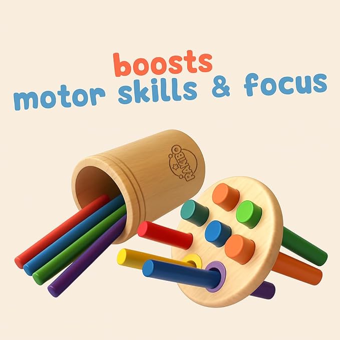 Montessori Color Sorting Toy for Toddlers Ages 1-5 – Wooden Fine Motor Skills Toy with Pegs, Sticks, Lids & Discs – Sensory Educational Activity – Gift-Ready in Box Learning Toy