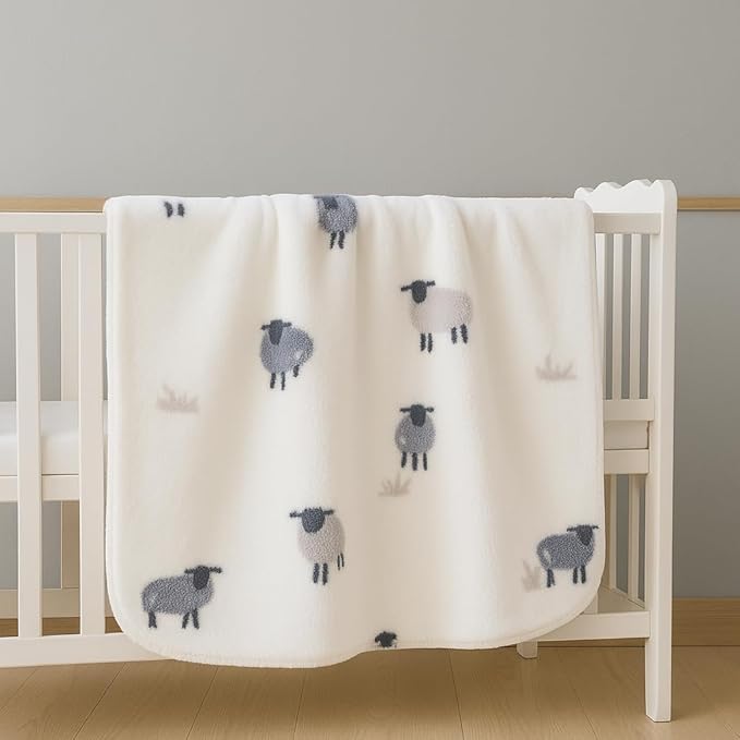 Soft Cozy Sherpa Fleece Baby Blankets Animal Pattern Fluffy Plush Receiving Blanket for Newborn Infant Toddler Thick Warm Crib Stroller Blanket for Boys Girls 30"x40" White Sheep