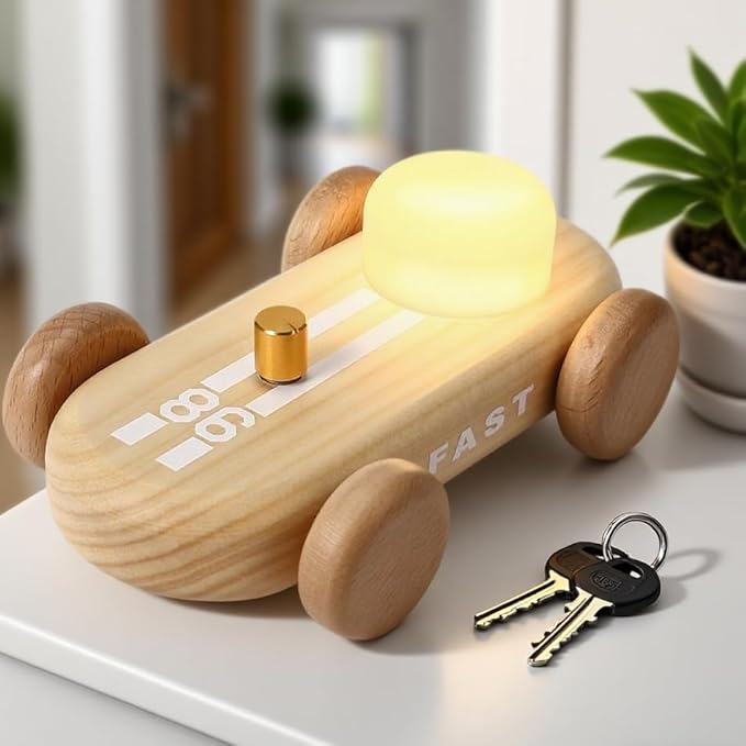 Wooden Go-Kart Night Light for Kids, 7 Color Adjustable, USB Rechargeable (Burlywood)