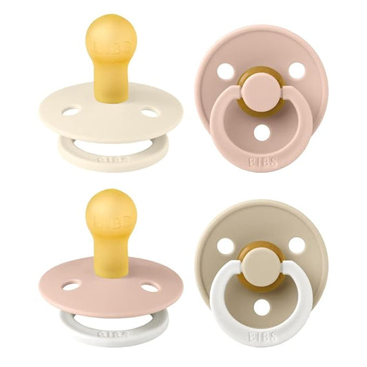 BIBS Colour Soother 4-Pack | BPA Free Dummy Pacifier | Round Nipple | Natural Rubber Latex | Made in Denmark | Size 0-6 Months | Blush Glow Mix