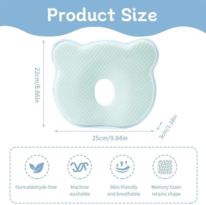 Memory Foam Baby Pillow for Newborn Flat Head Baby Pillow Machine-Washable Neck Support Prevent Flat Head 100% Cotton,Blue