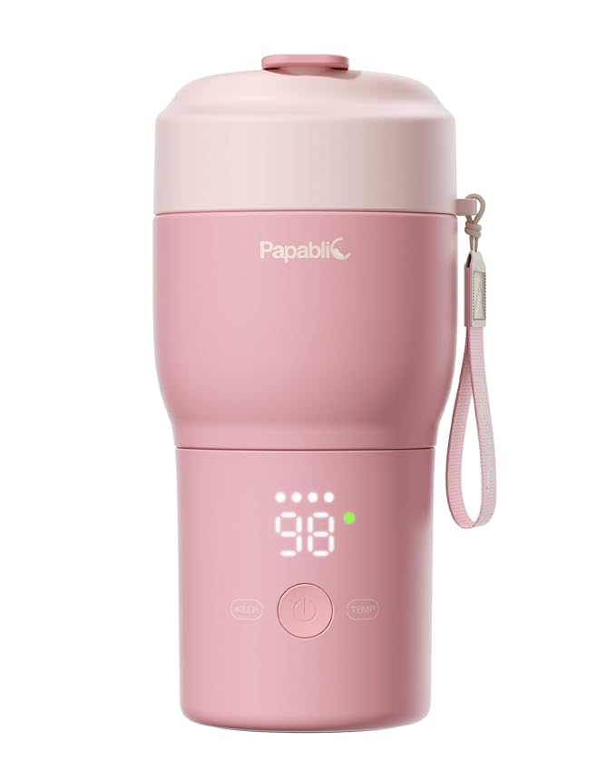 Papablic Pro Portable Bottle Warmer for Travel – Fast Heating, Built-in Sterilizer, 30W Fast Charge, 5-Temp Control, Easy-Clean Wide Mouth, Baby Milk Warmer for Breastmilk & Formula, Sakura Pink