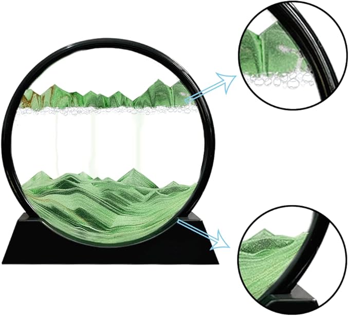Aoderun Moving Sand Art Picture Round Glass 3D Deep Sea Sandscape in Motion Display Flowing Sand Frame Relaxing Desktop Home Office Work Decor (12", Green)