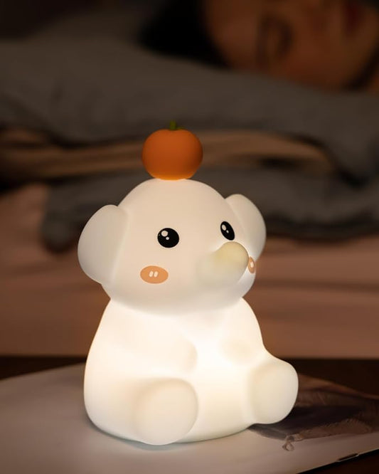 LED Night Light, Cute Squishy Elephant Lamp, Silicone Rechargeable Dimmable Nightlight for Nursery and Bedrooms, Elephant Gift for Women (White-Blue)