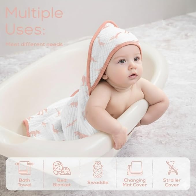 Muslin Hooded Baby Towels for Newborns, 32"x32", 100% Cotton – 6 Layers Super Soft Absorbent Breathable, Baby Bath Towel, Toddler Bath Towel – Pack of 2