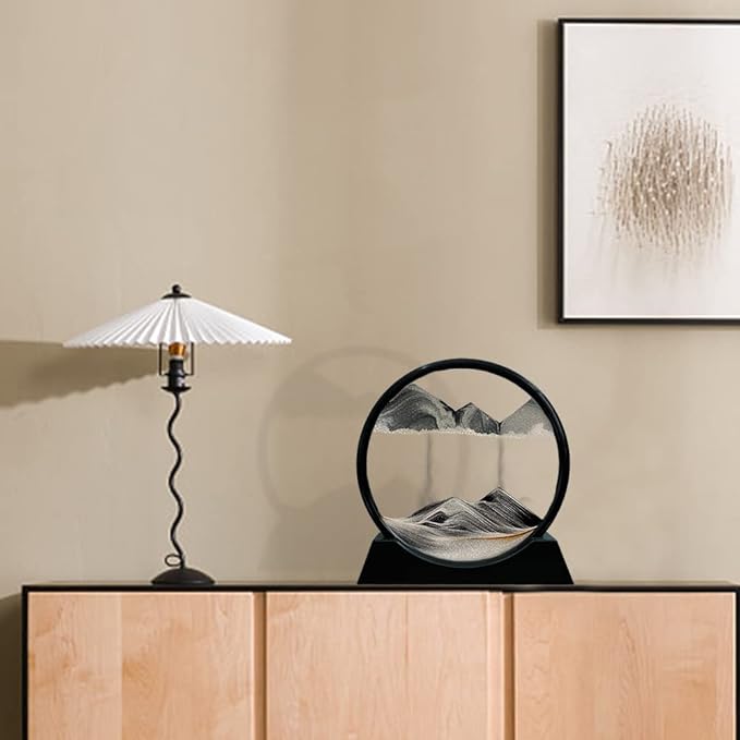 Aoderun Moving Sand Art Picture Round Glass 3D Deep Sea Sandscape in Motion Display Flowing Sand Frame Relaxing Desktop Home Office Work Decor (12", Black)