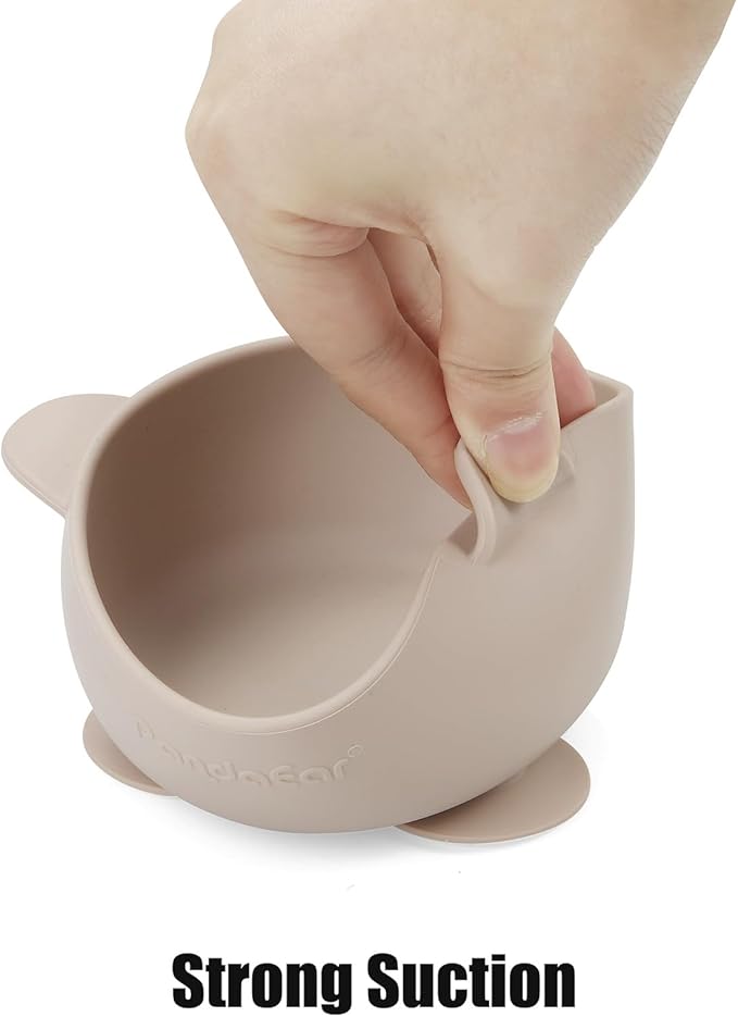 PandaEar 3 Pack Silicone Suction Baby Bowls & 3 Baby Feeding Spoons | Non-Slip Stay Put Bowls & Soft Silicone First Stage Spoons for Toddlers, BPA-Free Baby Led Weaning Set (Linen Brown Tan)