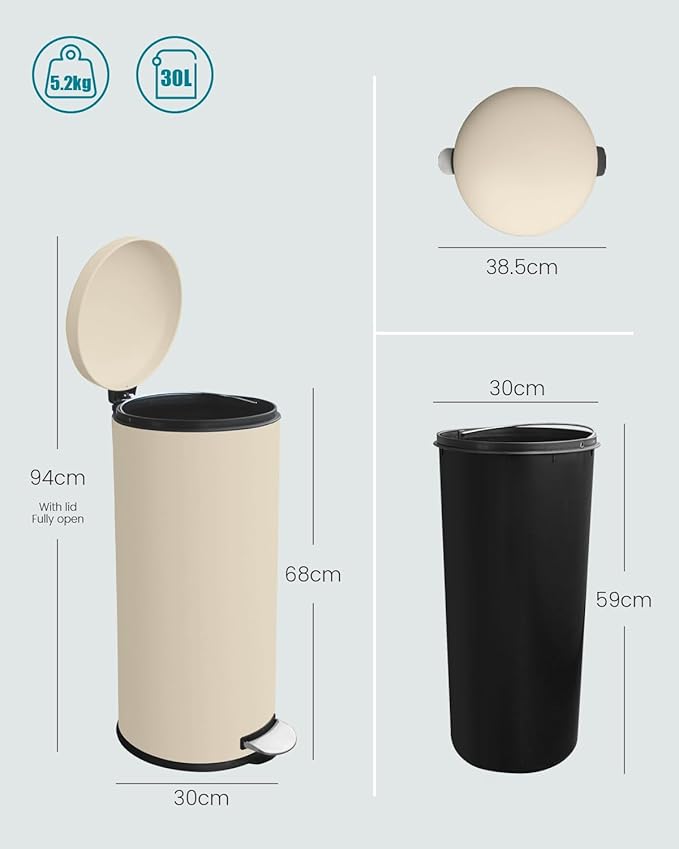 8 Gallon Trash Can, Stainless Steel Round Trash Can with Lid, Removal Inner Liner, Soft Close, Step on Pedal Trash bin for Kitchen, Office, Living Room or Bathroom, Cream