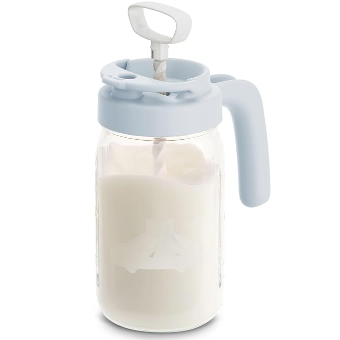 Papablic Glass Breastmilk Pitcher, Formula Mixing Pitcher with Mixing Handle Lid, Wide Mouth Mason Jar Mixer with Flip Locking Spout, Easy to Clean, BPA Free, Blue
